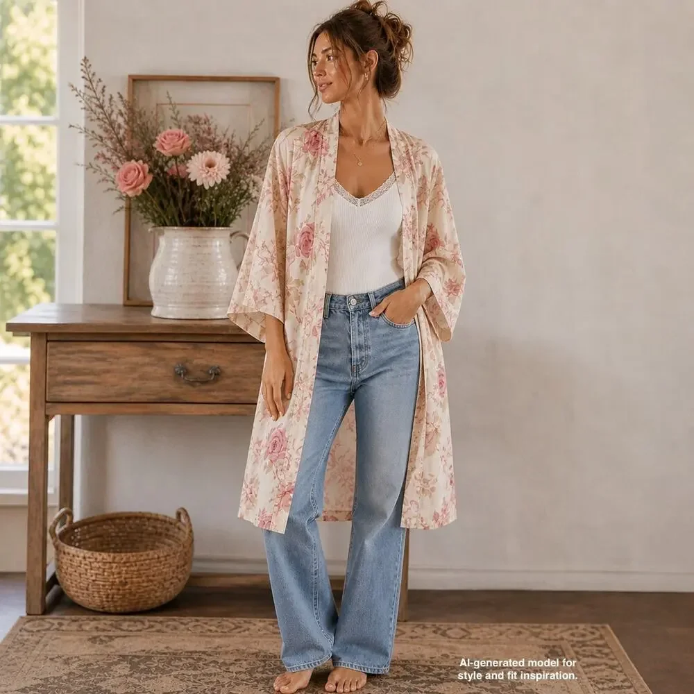 Vintage 90s Floral Cotton Kimono Robe Cottagecore Wrap Duster Mas d’Ouvan Paris - Picture 11 of 11